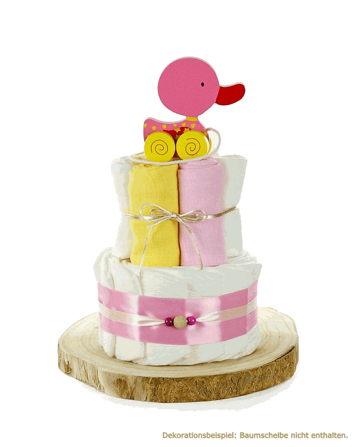 Rosa Windeltorte mit niedlichem Holz-Ziehtier Ente – handgefertigtes Geschenk zur Geburt für ein Mädchen