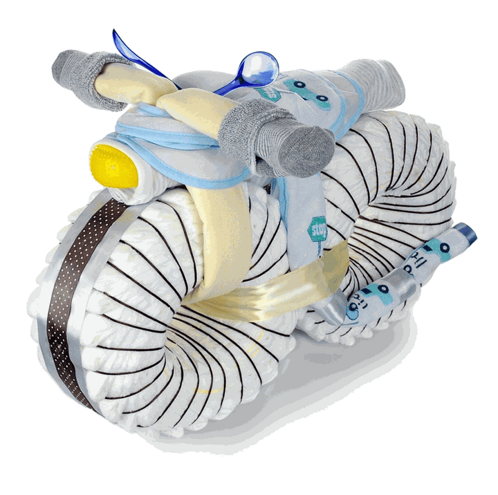 XXL Windelmotorrad aus 55 Pampers Premium Protection Windeln, handgefertigt als Geschenk zur Geburt