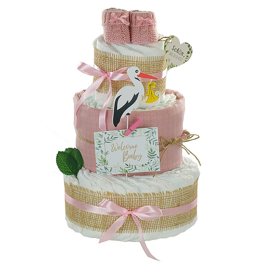 Windeltorte Storch mit Bündel | inkl. Babybooties und Mullwindel, rosa