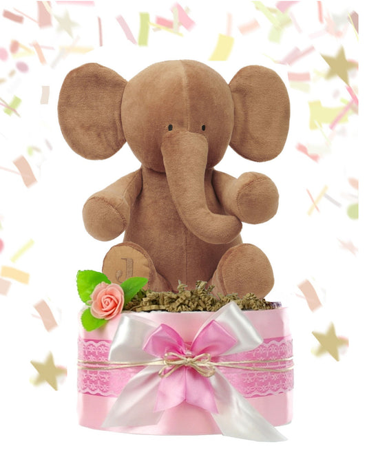 Pink diaper cake with brown elephant, bows and rose against a colorful confetti background