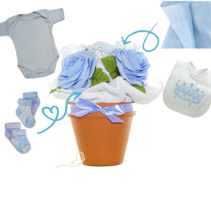 Windeltorte Blumenstrauß im Tontopf | 5-teiliges Babyset | blau