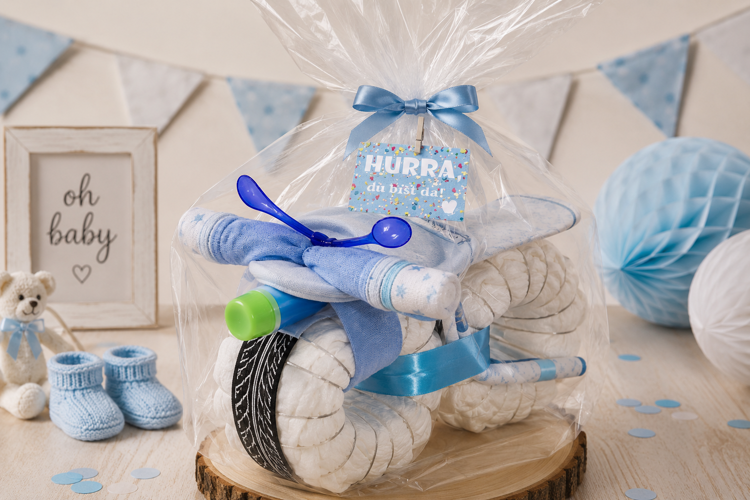 Windelmotorrad für Jungen in Geschenkfolie verpackt mit blauen Babyaccessoires und Grußkarte