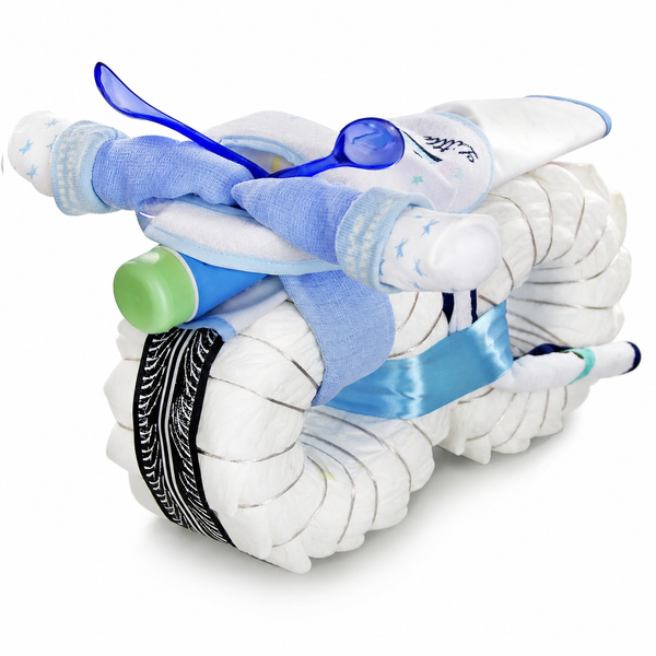 Windelmotorrad für Jungen mit blauen Babyaccessoires