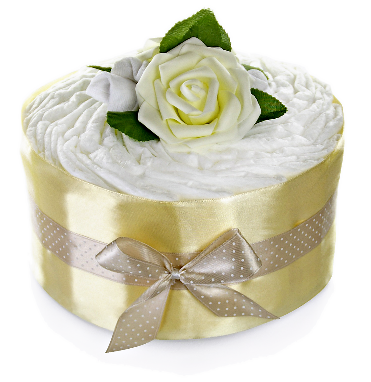 Freigestellte Windeltorte in Gold und Creme mit drei Rosen, grünen Blättern und cremefarbener Schleife