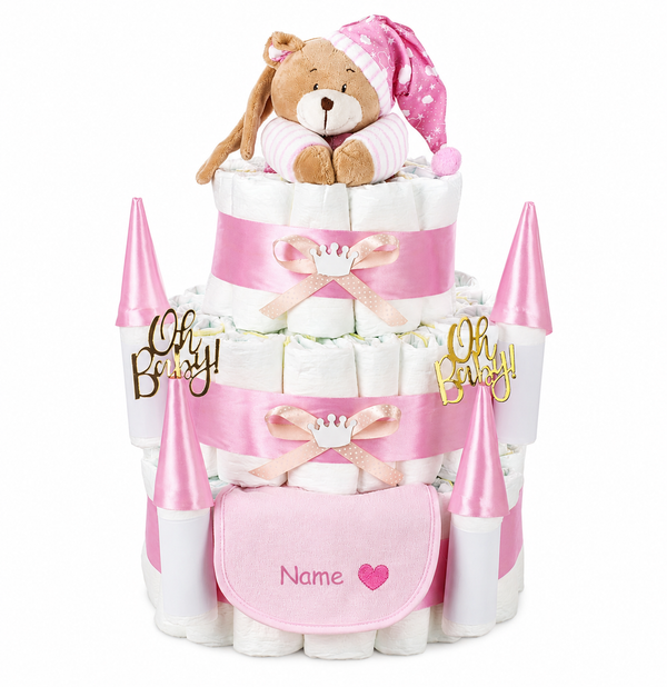 Personalisierte Schloss-Windeltorte in Rosa mit aufgedrucktem Wunschname zur Geburt eines Mädchens