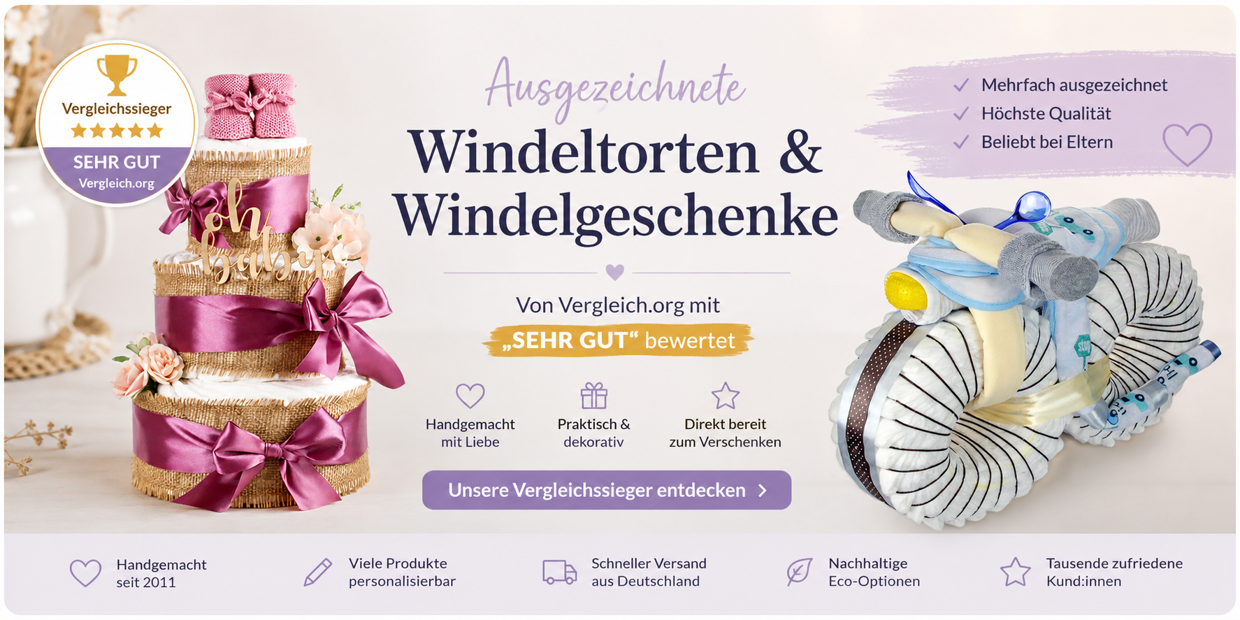 Ausgezeichnete Windeltorte Alles Jute und XXL Windelmotorrad von dubistda als Geschenk zur Geburt