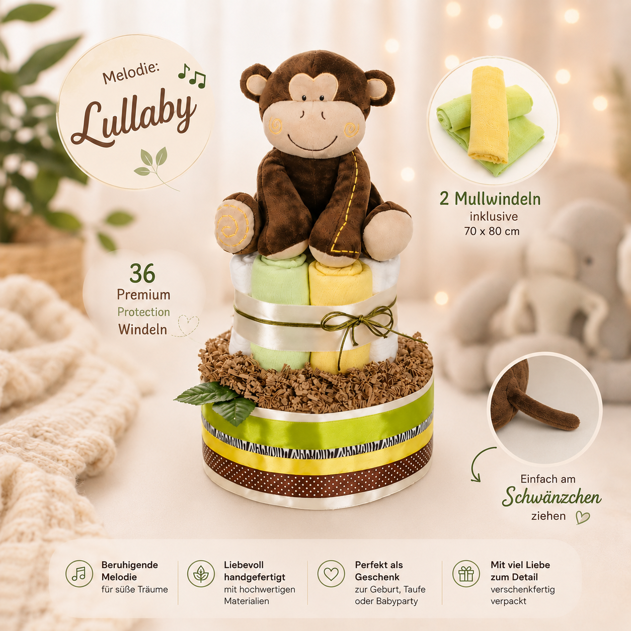 Windeltorte groß SAFARI mit Spieluhr Affe und zwei Mulltüchern