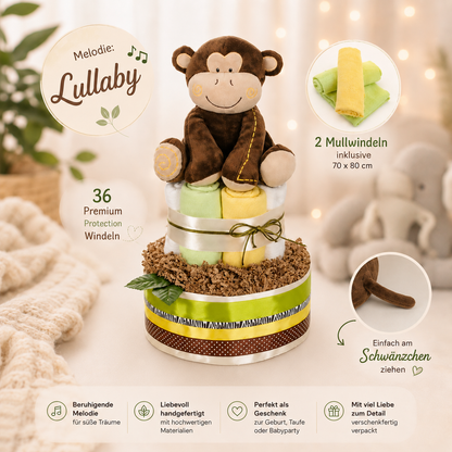 Windeltorte groß SAFARI mit Spieluhr Affe und zwei Mulltüchern