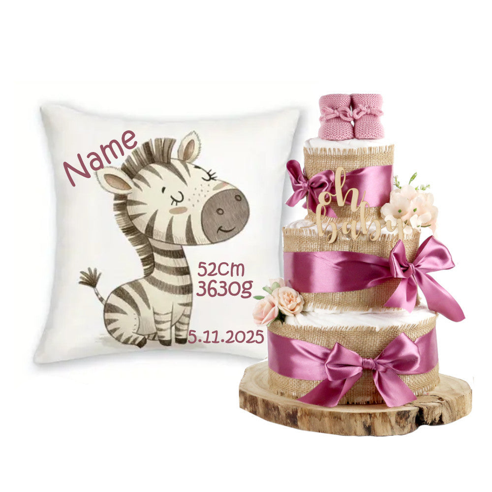 Große Windeltorte Alles Jute | zur Geburt + personalisiertes Baby Dekokissen | plum