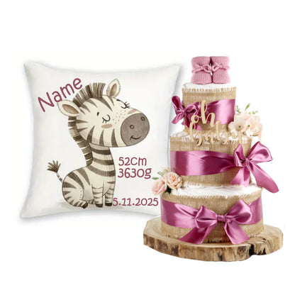 Große Windeltorte Alles Jute | zur Geburt + personalisiertes Baby Dekokissen | plum